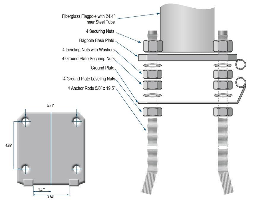 Square Hinge Base Kit for 20'-40' Atlantic Fiberglass Flagpole