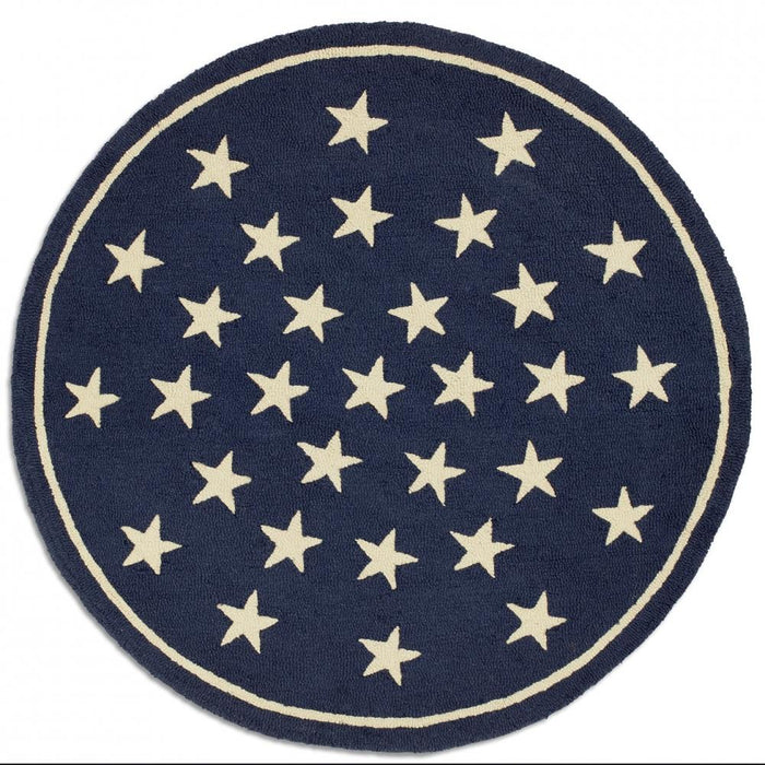 Blue Stars 5' Round Hooked Wool Rug