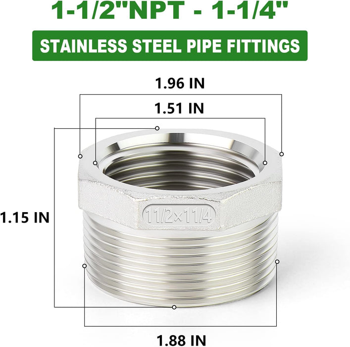 1-1/2" Male NPT to 1-1/4" Female NPT Stainless Steel Adapter