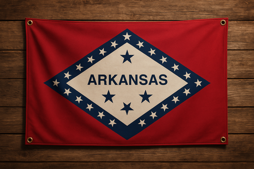 Realistic arkansas flag with brass grommets in all 4 corners mounted to a wood wall