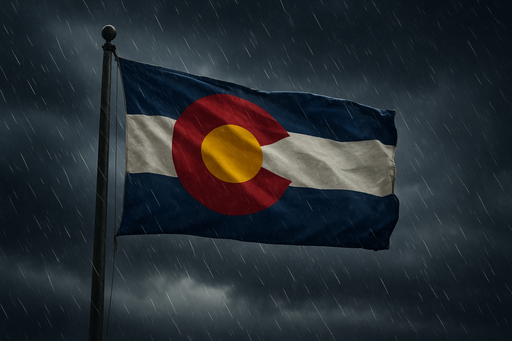 Realistic Colorado flag flying on a flagpole in rainy/windy conditions showing the flag material is strong