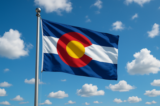 Realistic Colorado flag flying on a flagpole with blue/sunny skies behind it