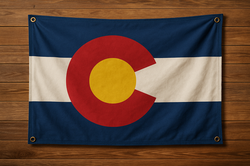 Realistic Colorado flag with brass grommets in all 4 corners mounted to a wood wall