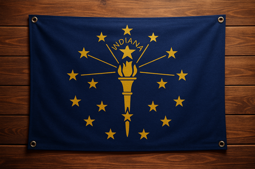 Realistic Indiana flag with grommets in all 4 corners mounted to a wood wall