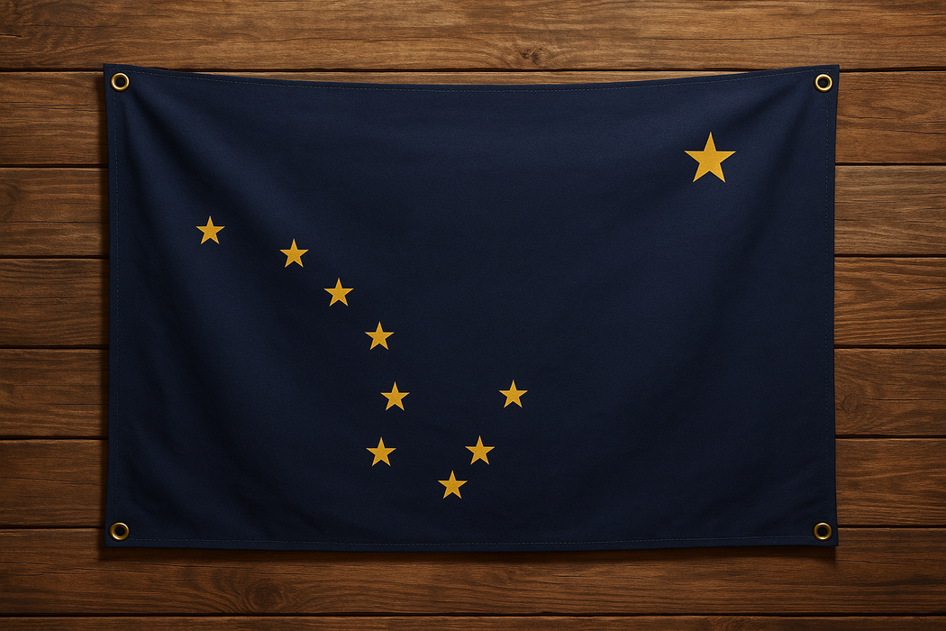 Realistic looking Alaska flag with brass grommets in all 4 corners mounted to a wood wall