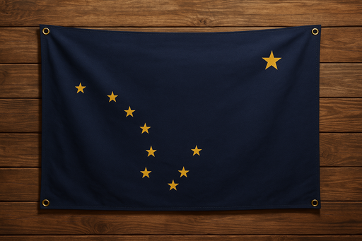 Realistic looking Alaska flag with brass grommets in all 4 corners mounted to a wood wall