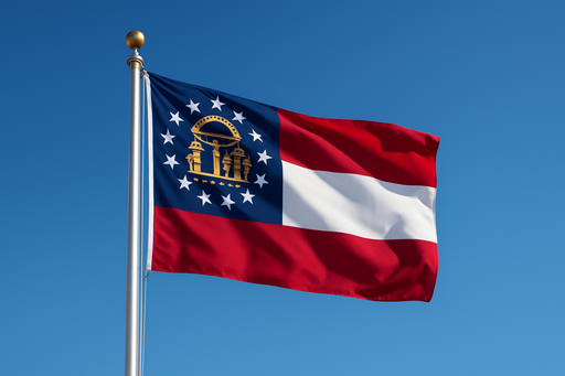 Realistic looking Georgia (state) flag flying on a flagpoles with clear blue sunny skies behind it