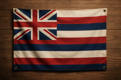 Realistic looking Hawaii flag with brass grommets in all 4 corners mounted on a wood wall