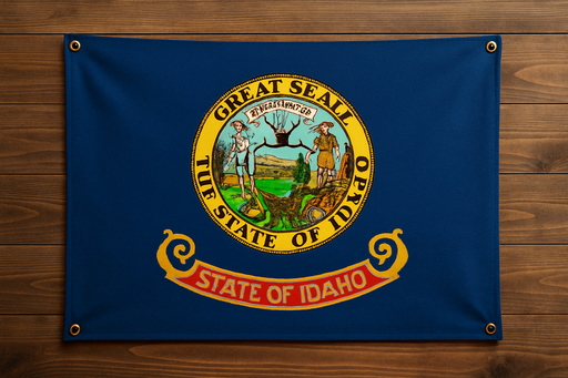 Realistic looking Idaho flag with brass grommets in all 4 corners mounted to a wood wall