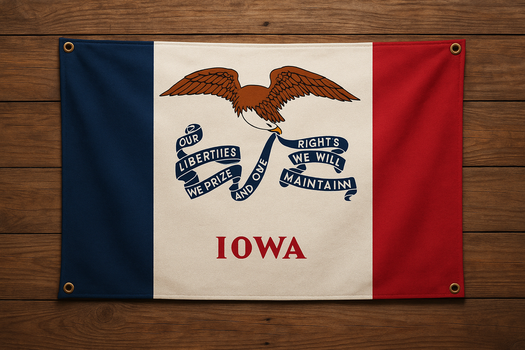 Realistic looking Iowa flag with brass grommets in all 4 corners mounted on a wood wall