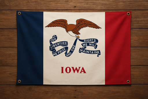 Realistic looking Iowa flag with brass grommets in all 4 corners mounted on a wood wall