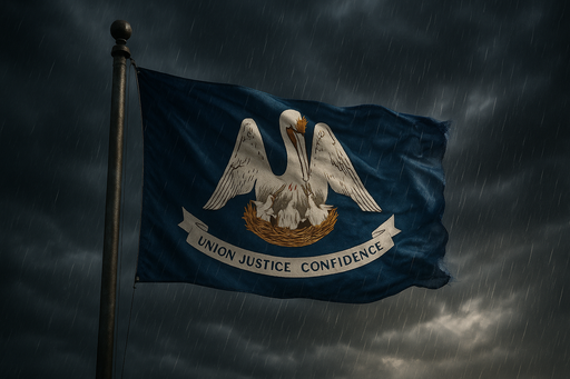 Realistic looking Louisiana flag flying on a flagpole in rainy/windy conditions while keeping the flag very visible