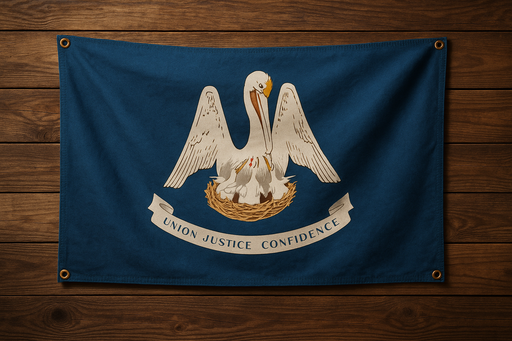 Realistic looking Louisiana flag with a brass grommet in each corner mounted to a wood wall