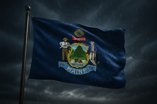 Realistic looking Maine flag flying on a flagpole in rainy/windy conditions showing the flag material is strong