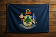 Realistic looking Maine flag with a brass grommet in each corner mounted to a wood wall