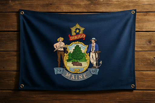 Realistic looking Maine flag with a brass grommet in each corner mounted to a wood wall