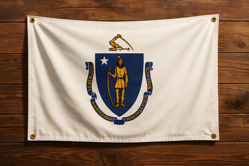 Realistic looking Massachusetts flag with a brass grommet in each corner mounted to a wood wall