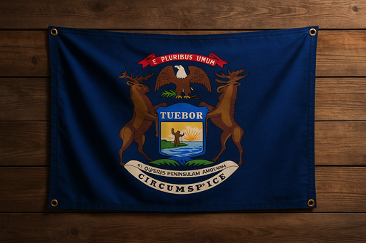 Realistic looking Michigan Flag with brass grommets in each corner mounted to a wood wall