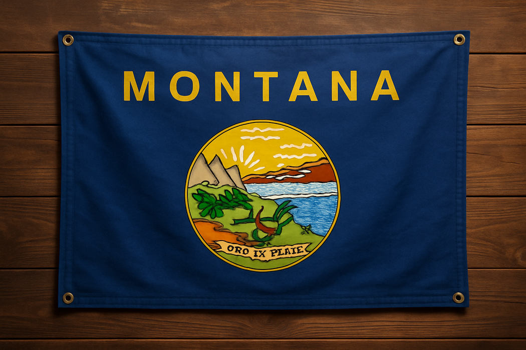 Realistic Montana flag with brass grommets in each corner mounted to a wood wall