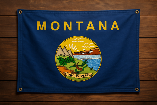 Realistic Montana flag with brass grommets in each corner mounted to a wood wall