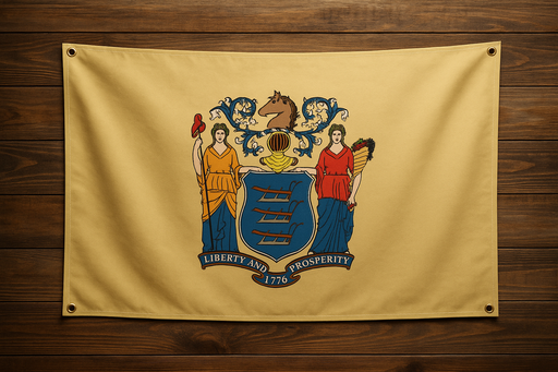 Realistic new jersey flag with a brass grommet in each corner mounted on a wood wall