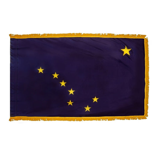 Alaska flag with gold fringe. Alaska flags for sale. Alaska Flag for sale. Alaska parade flag. Alaska flag with fringe. Alaska flag with gold fringe. Alaska indoor flag. Alaska presentation flag. 