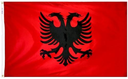 Albania outdoor flag featuring a bold red background with a black double-headed eagle emblem in the center, made from durable, weather-resistant fabric for outdoor display.