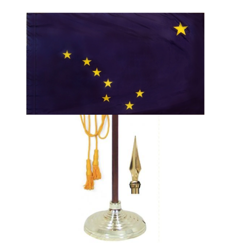 Alaska flag with gold fringe. Alaska flags for sale. Alaska Flag for sale. Alaska parade flag. Alaska flag with fringe. Alaska flag with gold fringe. Alaska indoor flag. Alaska presentation flag. 