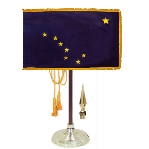 Alaska flag with gold fringe. Alaska flags for sale. Alaska Flag for sale. Alaska parade flag. Alaska flag with fringe. Alaska flag with gold fringe. Alaska indoor flag. Alaska presentation flag. 